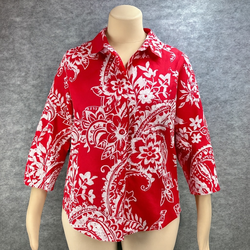 Chicos Blouse Womens Size 4 Chicos size 0‎ Red White Floral  Collared 3/4 Sleeve